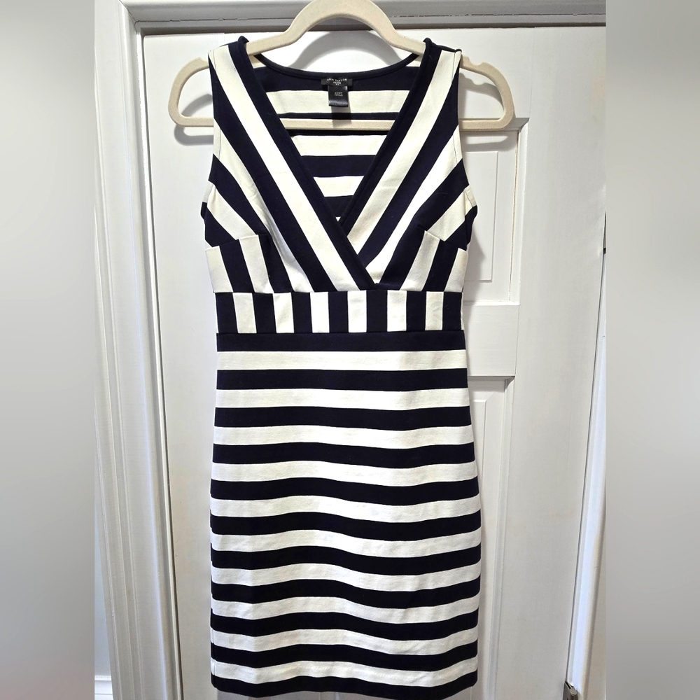 Ann Taylor Navy and White Striped Stretch Sleeveless Sheath Dress